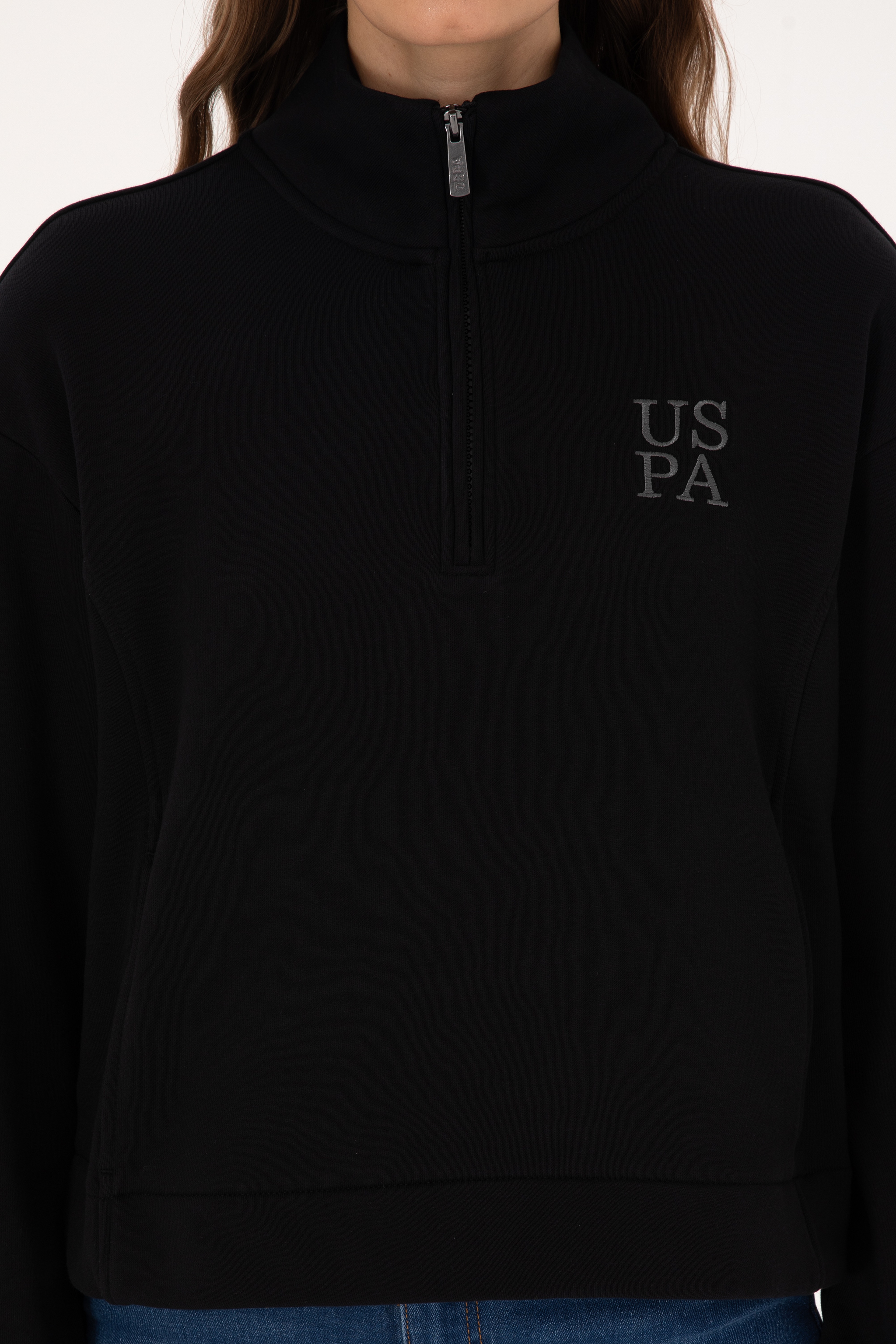 Kadın Siyah Fermuarlı Dik Yaka Sweatshirt - Image 6