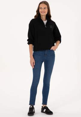 Kadın Siyah Fermuarlı Dik Yaka Sweatshirt - 50307798020