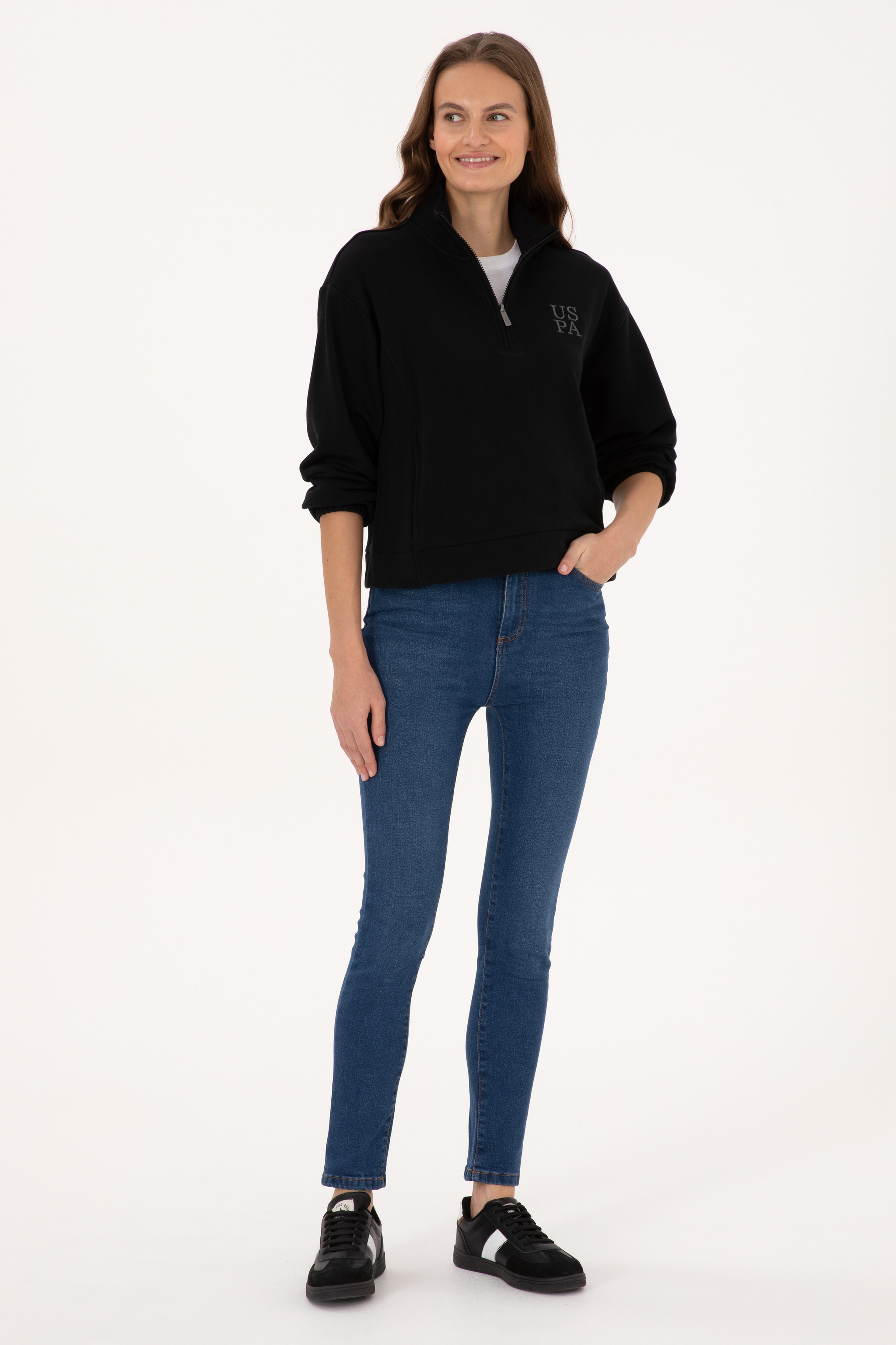 Kadın Siyah Fermuarlı Dik Yaka Sweatshirt