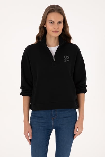 Kadın Siyah Fermuarlı Dik Yaka Sweatshirt
