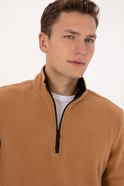 Erkek Regular Fit Camel Polar Yarım Fermuarlı Basic Sweatshirt