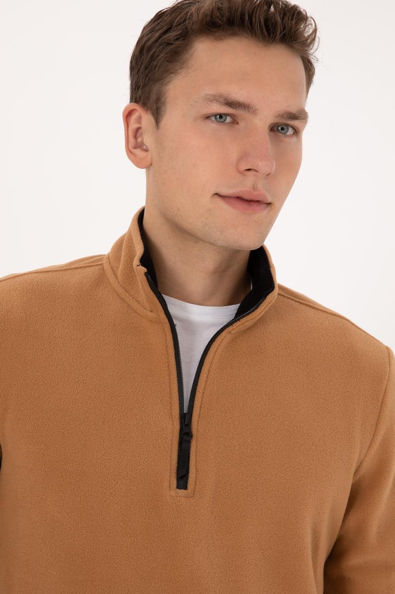 Erkek Regular Fit Camel Polar Yarım Fermuarlı Basic Sweatshirt