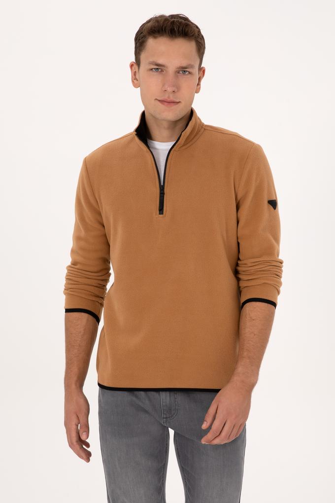 Erkek Regular Fit Camel Polar Yarım Fermuarlı Basic Sweatshirt