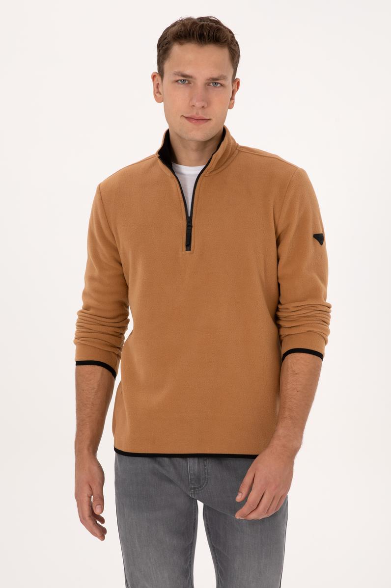 Erkek Regular Fit Camel Polar Yarım Fermuarlı Basic Sweatshirt