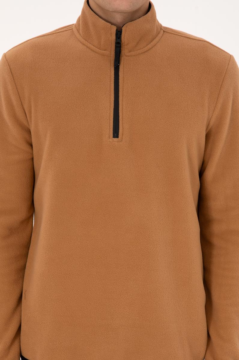 Erkek Regular Fit Camel Polar Yarım Fermuarlı Basic Sweatshirt