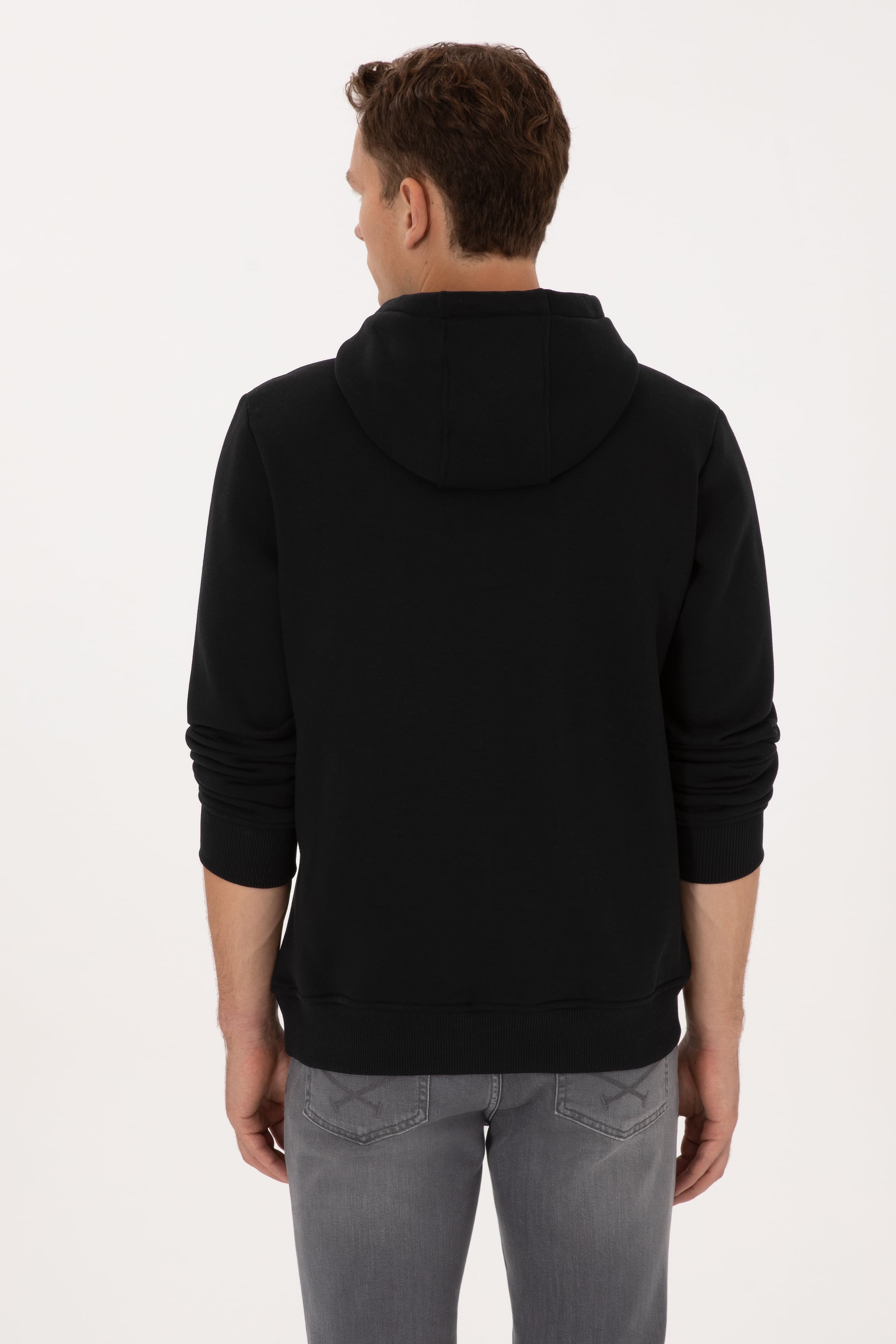 Erkek Regular Fit Kapüşonlu Şardonlu Siyah Basic Sweatshirt - Image 5