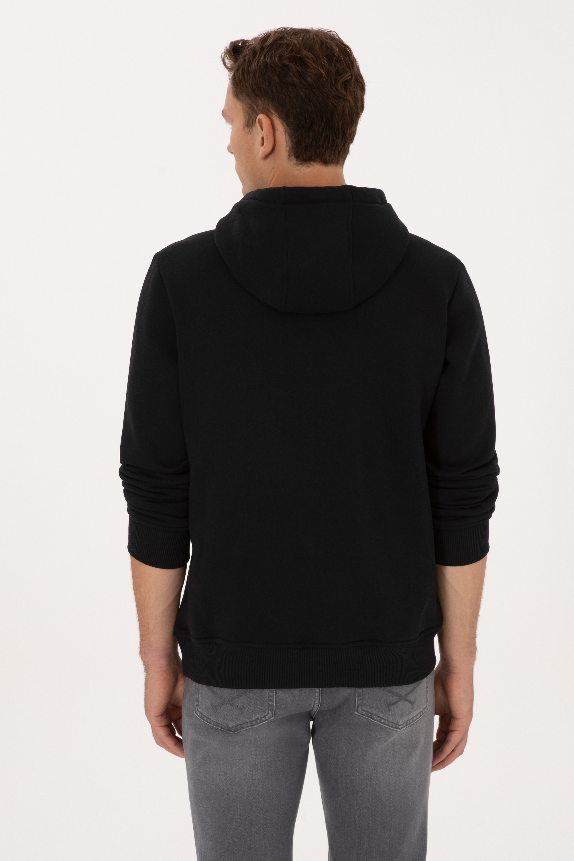 Erkek Regular Fit Kapüşonlu Şardonlu Siyah Basic Sweatshirt