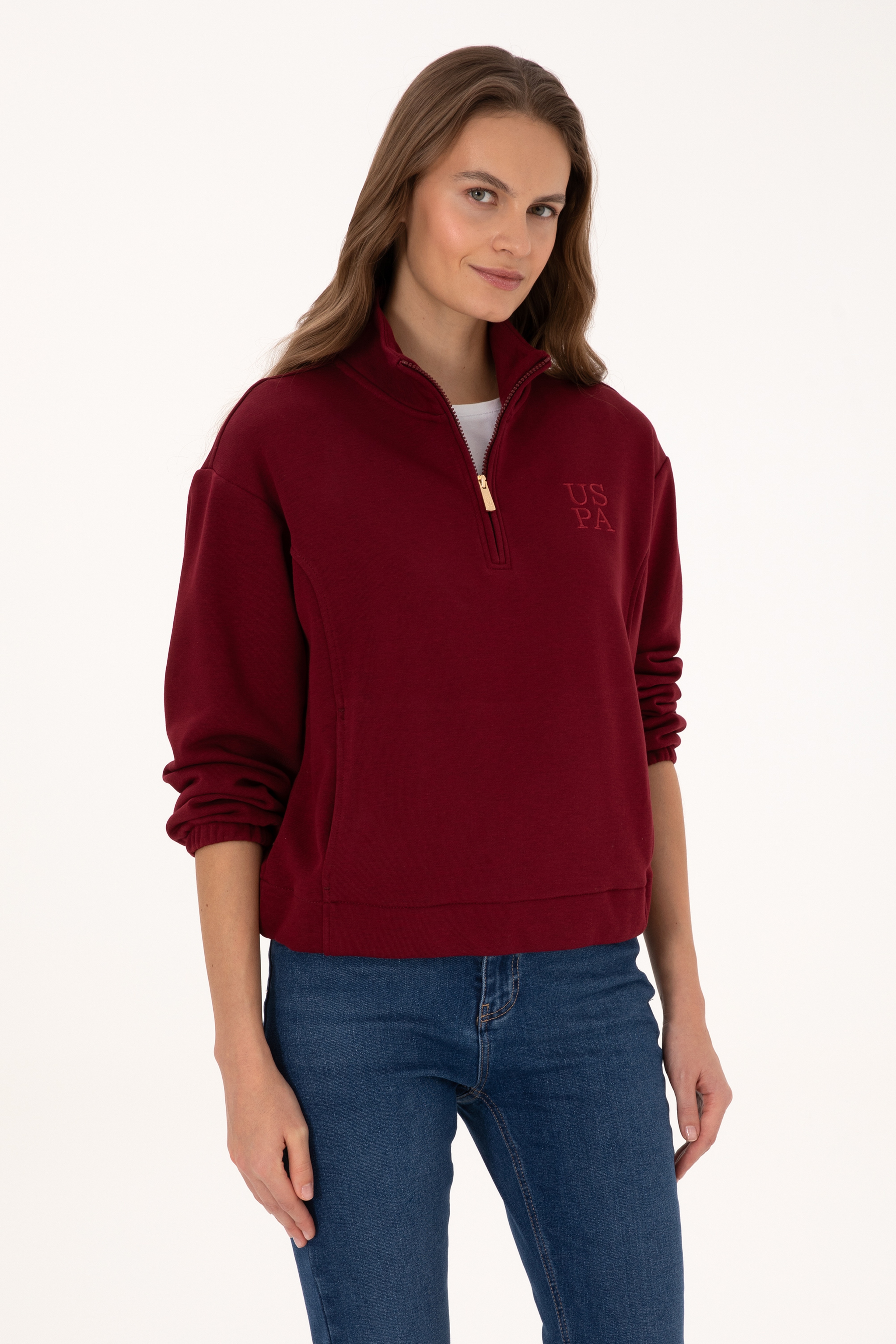Kadın Bordo Fermuarlı Dik Yaka Sweatshirt