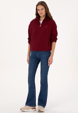 Kadın Bordo Fermuarlı Dik Yaka Sweatshirt - 50307798006