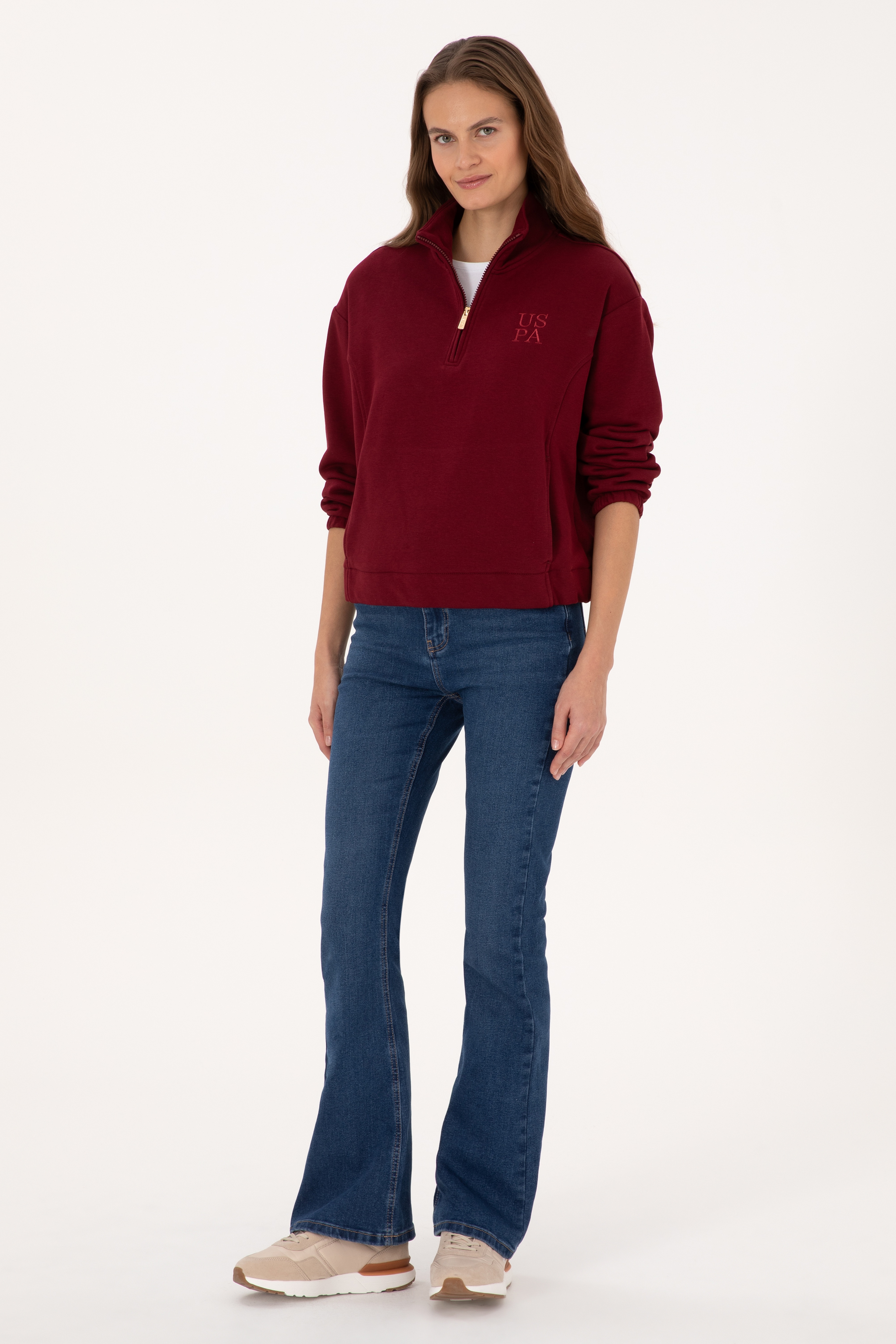 Kadın Bordo Fermuarlı Dik Yaka Sweatshirt