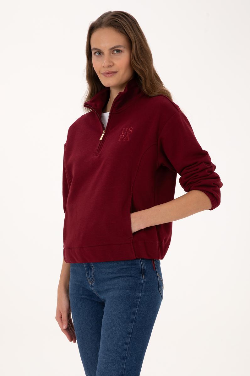 Kadın Bordo Fermuarlı Dik Yaka Sweatshirt