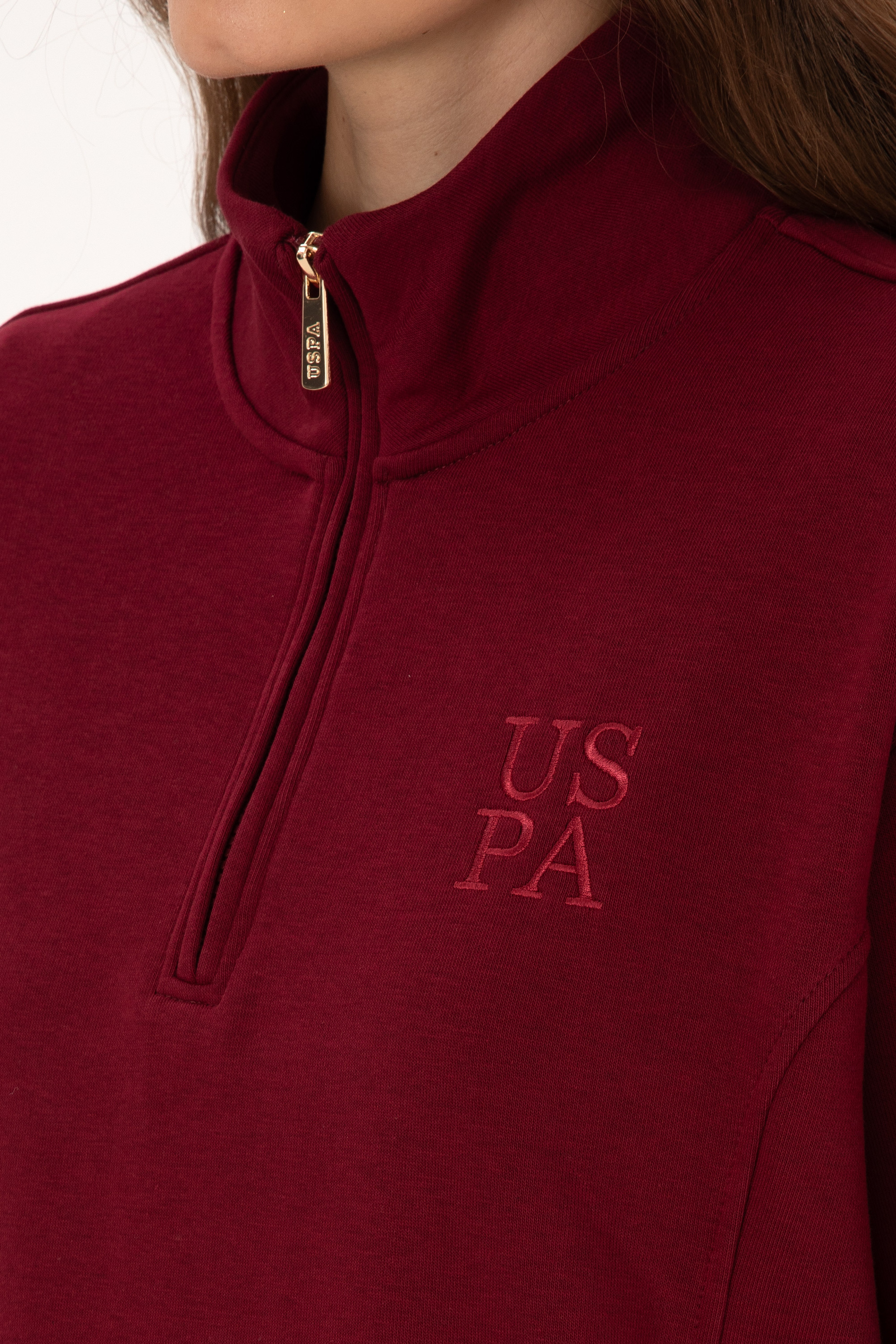 Kadın Bordo Fermuarlı Dik Yaka Sweatshirt