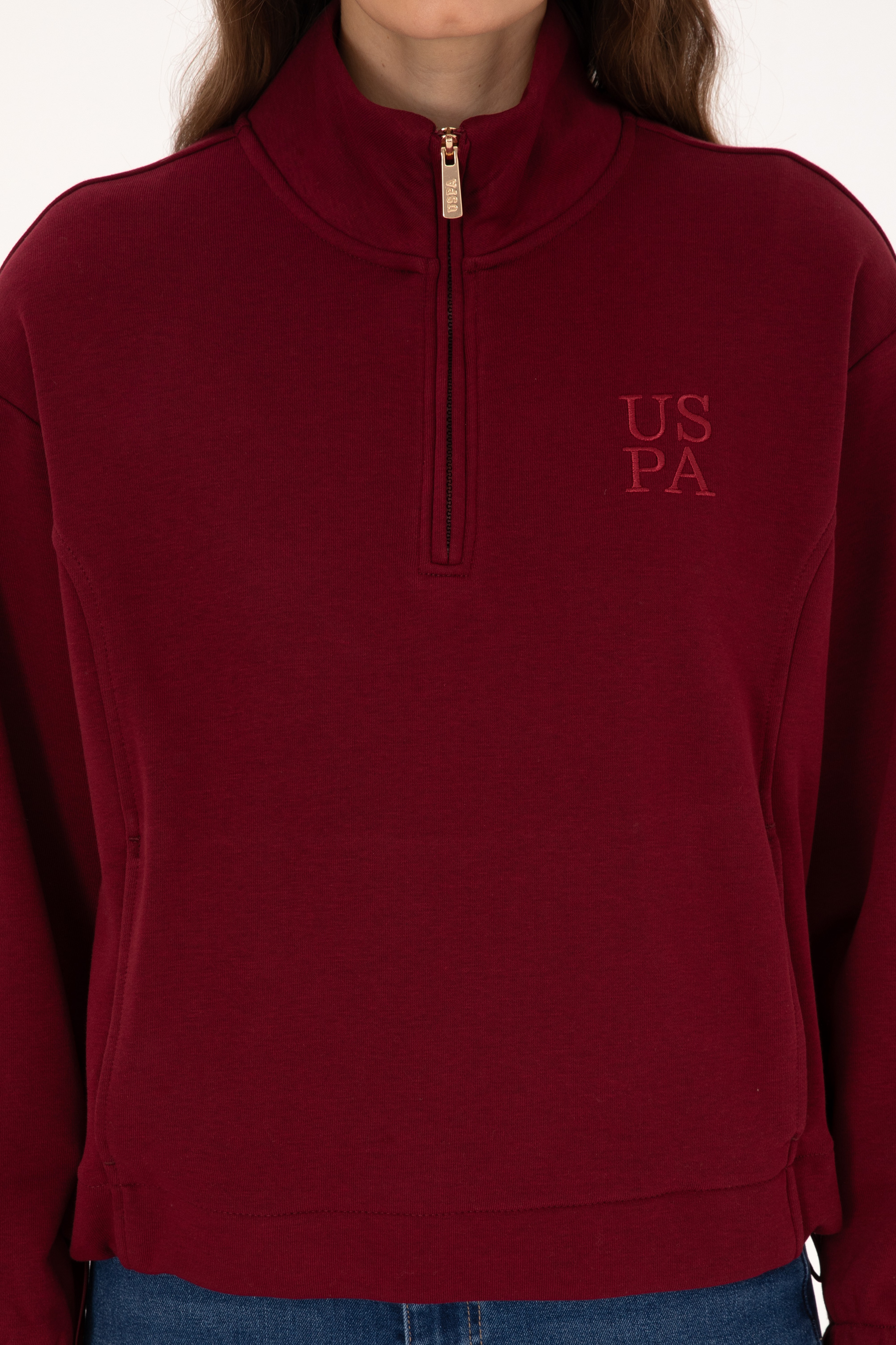 Kadın Bordo Fermuarlı Dik Yaka Sweatshirt - Image 6