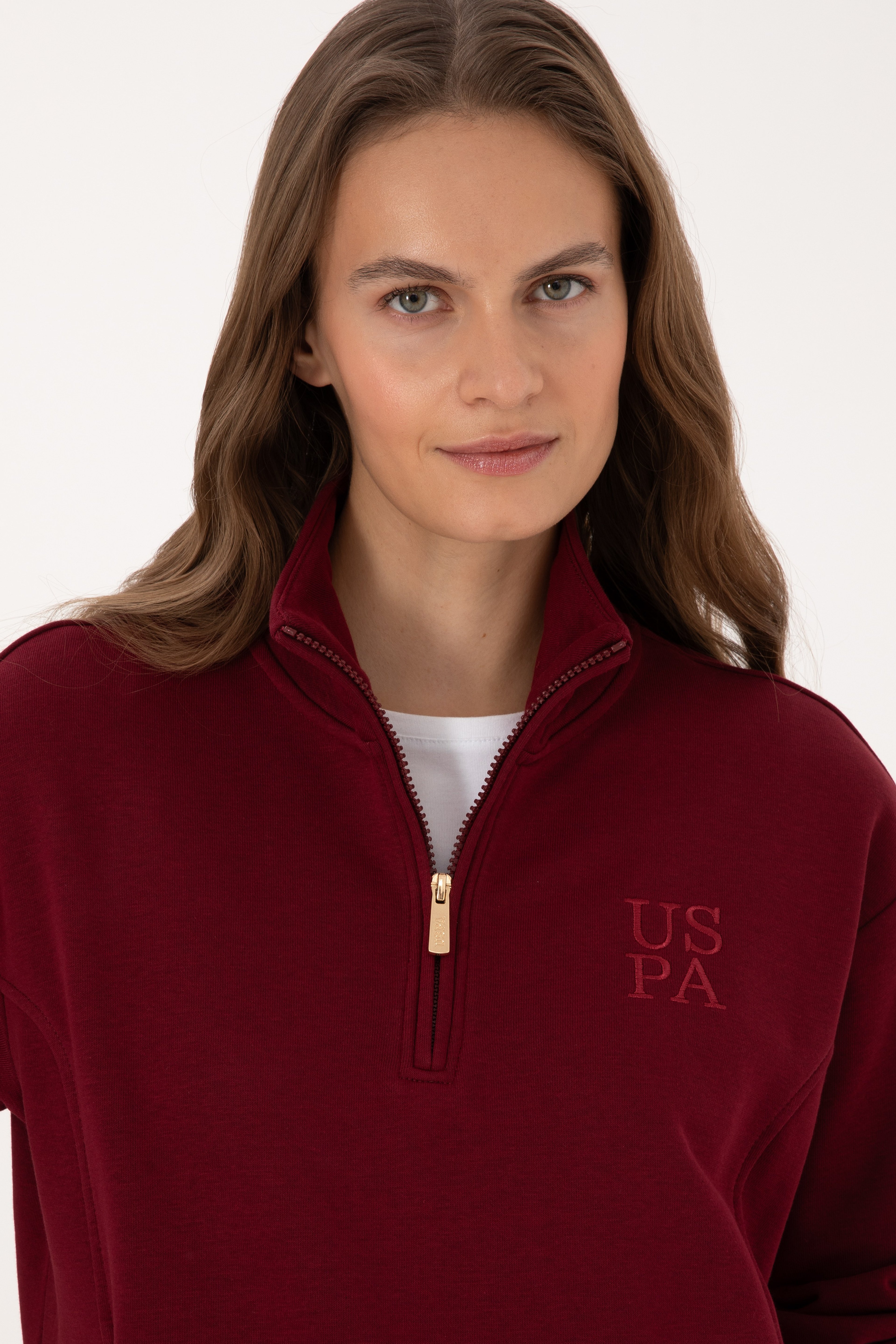 Kadın Bordo Fermuarlı Dik Yaka Sweatshirt - Image 2