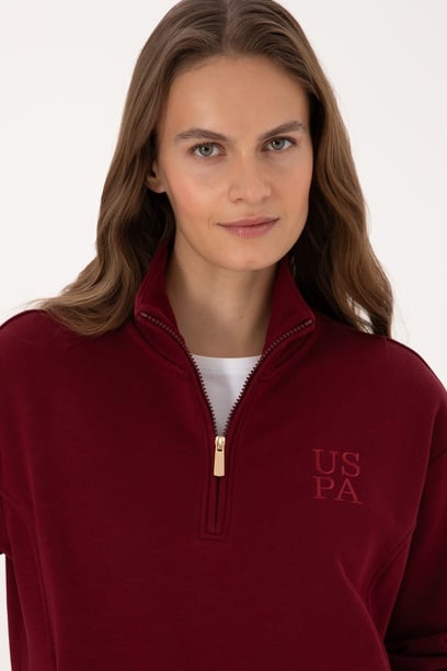 Kadın Bordo Fermuarlı Dik Yaka Sweatshirt