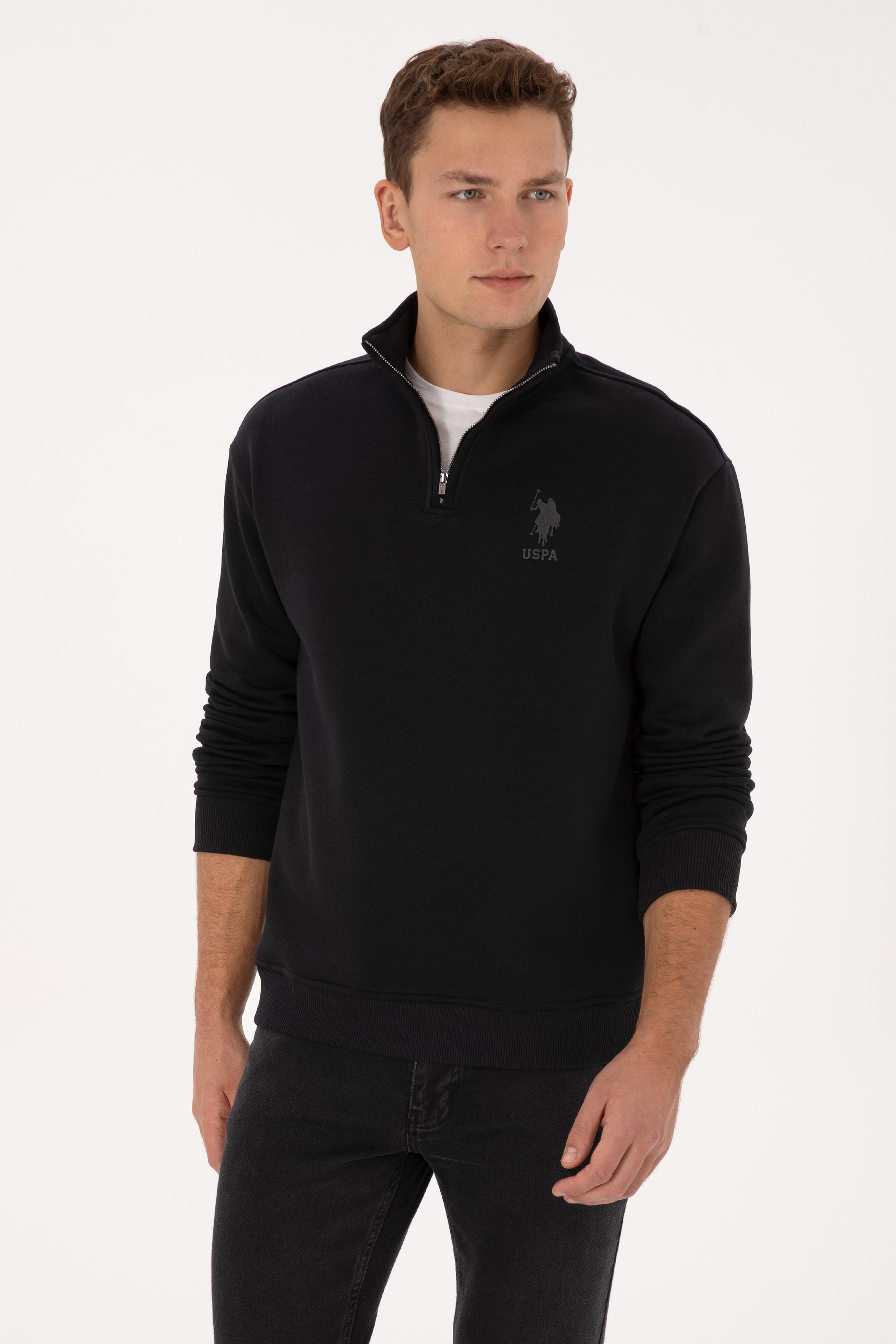 Erkek Comfort Fit Yarım Fermuarlı Siyah Sweatshirt - Image 3