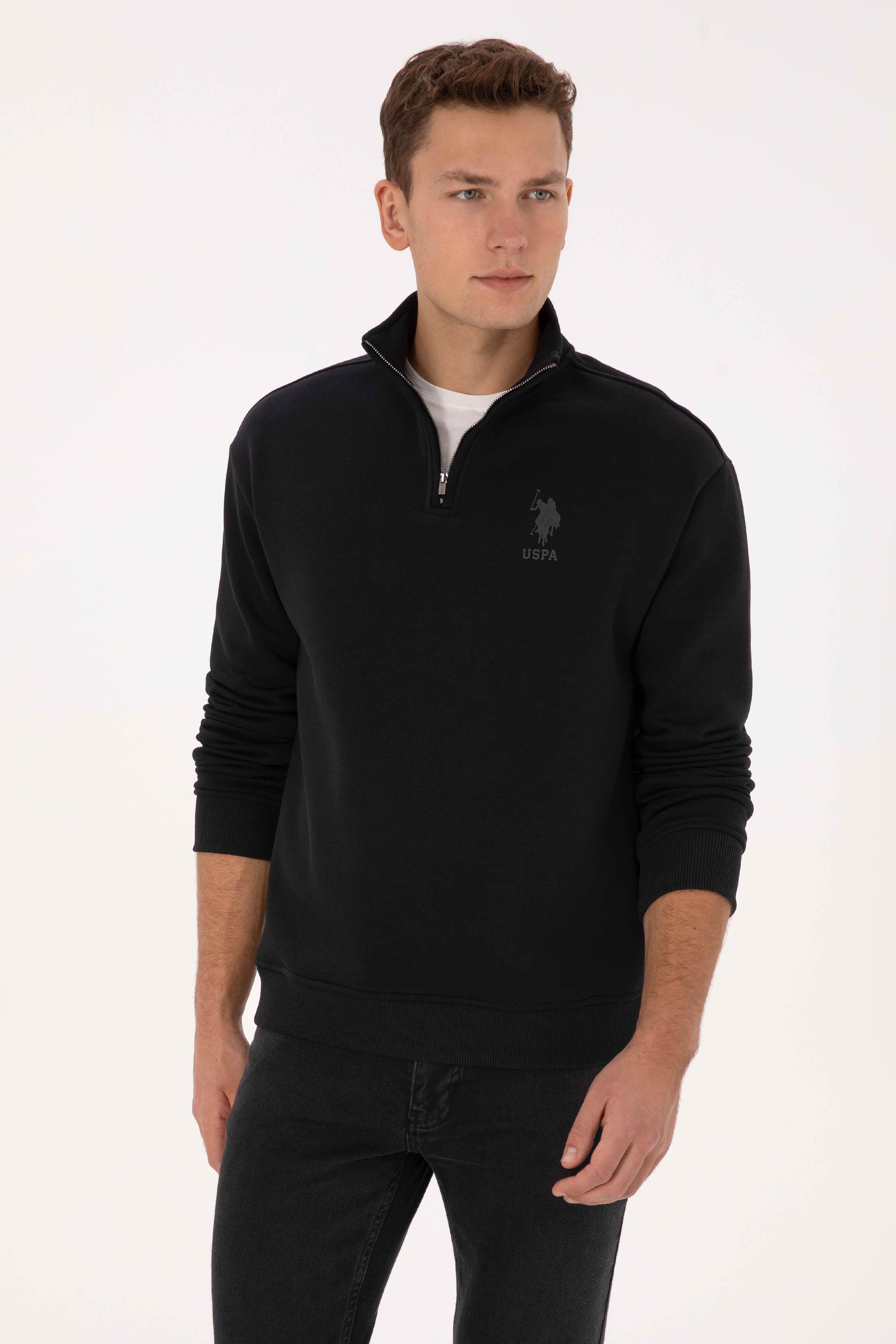 Erkek Comfort Fit Yarım Fermuarlı Siyah Sweatshirt