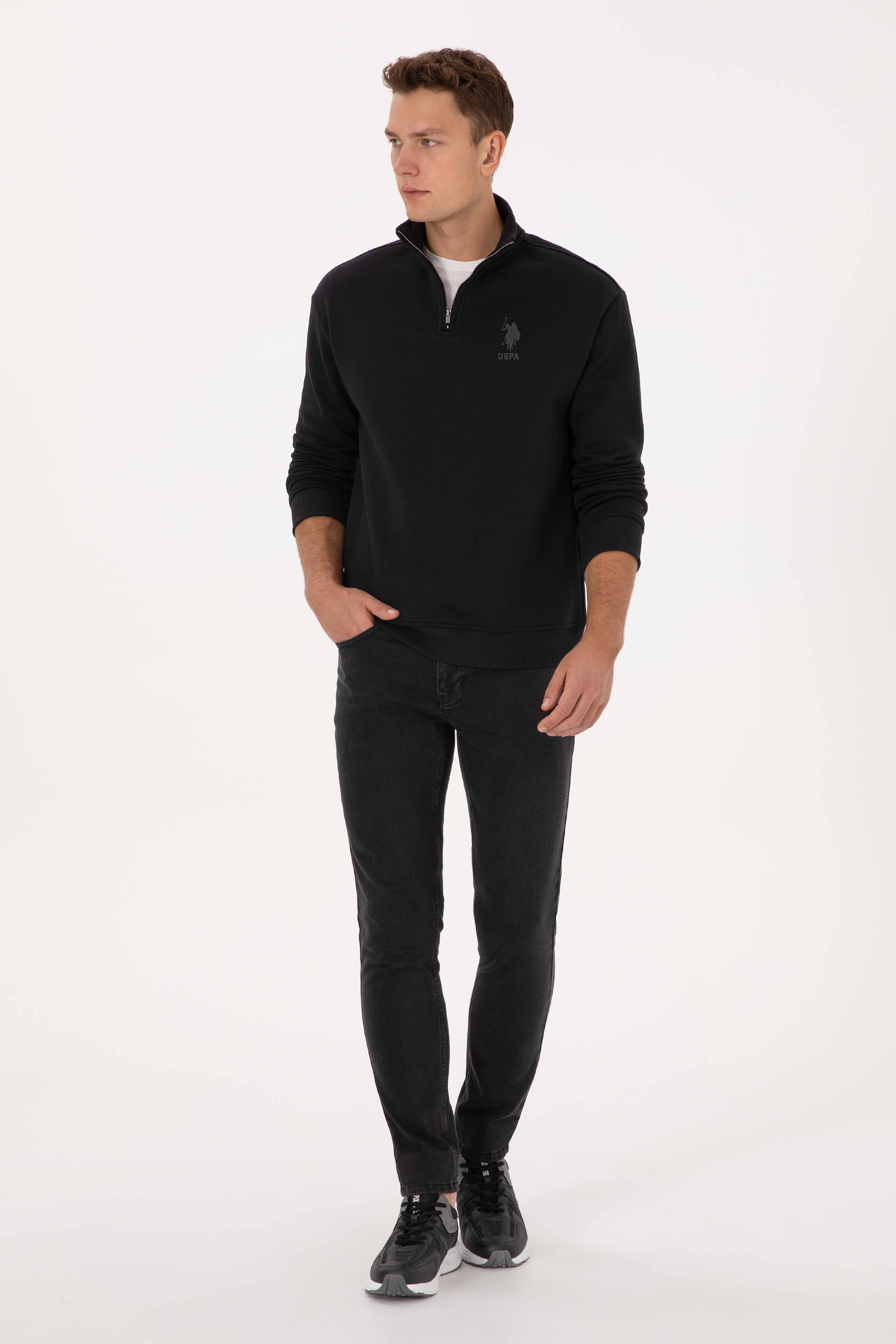 Erkek Comfort Fit Yarım Fermuarlı Siyah Sweatshirt