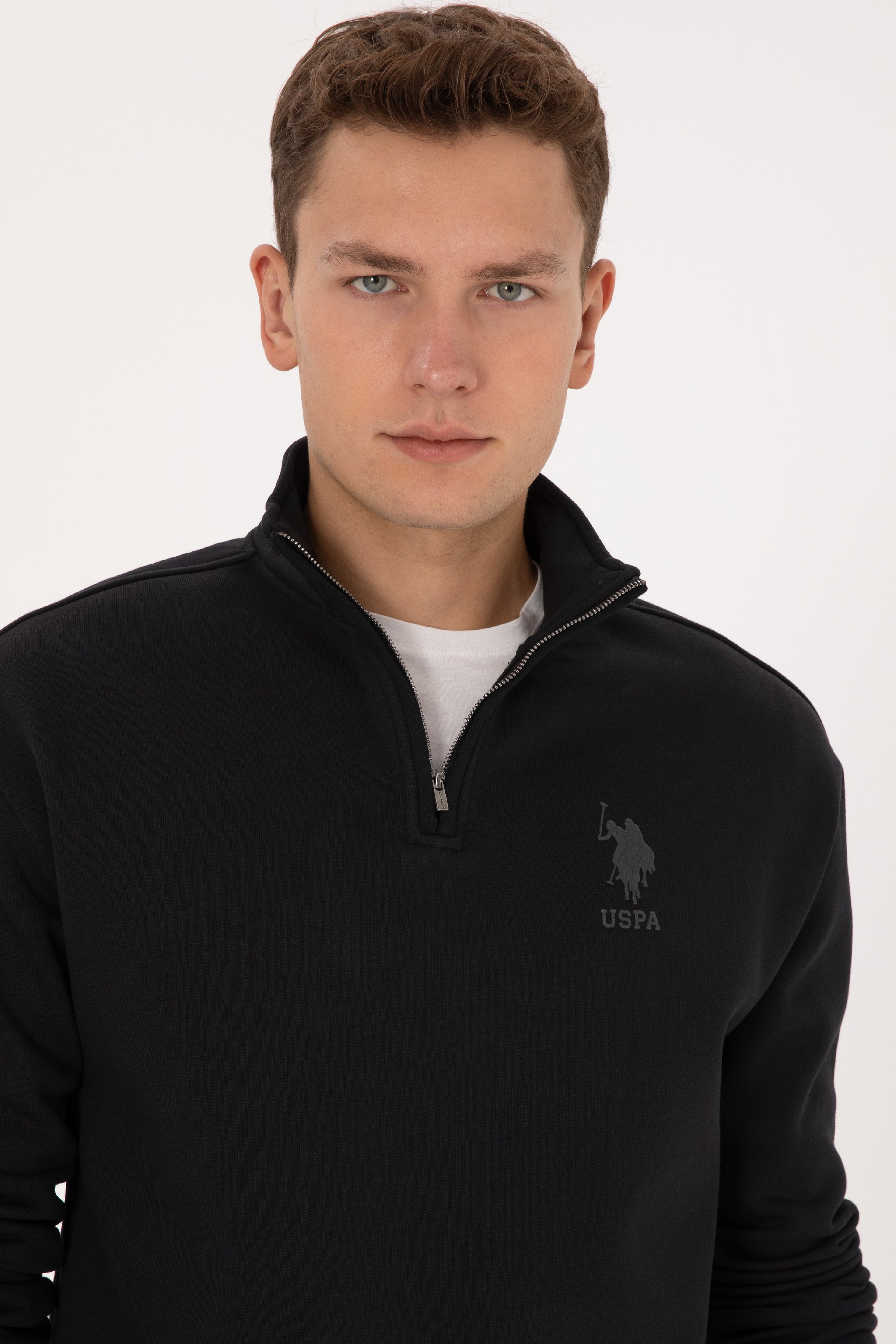 Erkek Comfort Fit Yarım Fermuarlı Siyah Sweatshirt