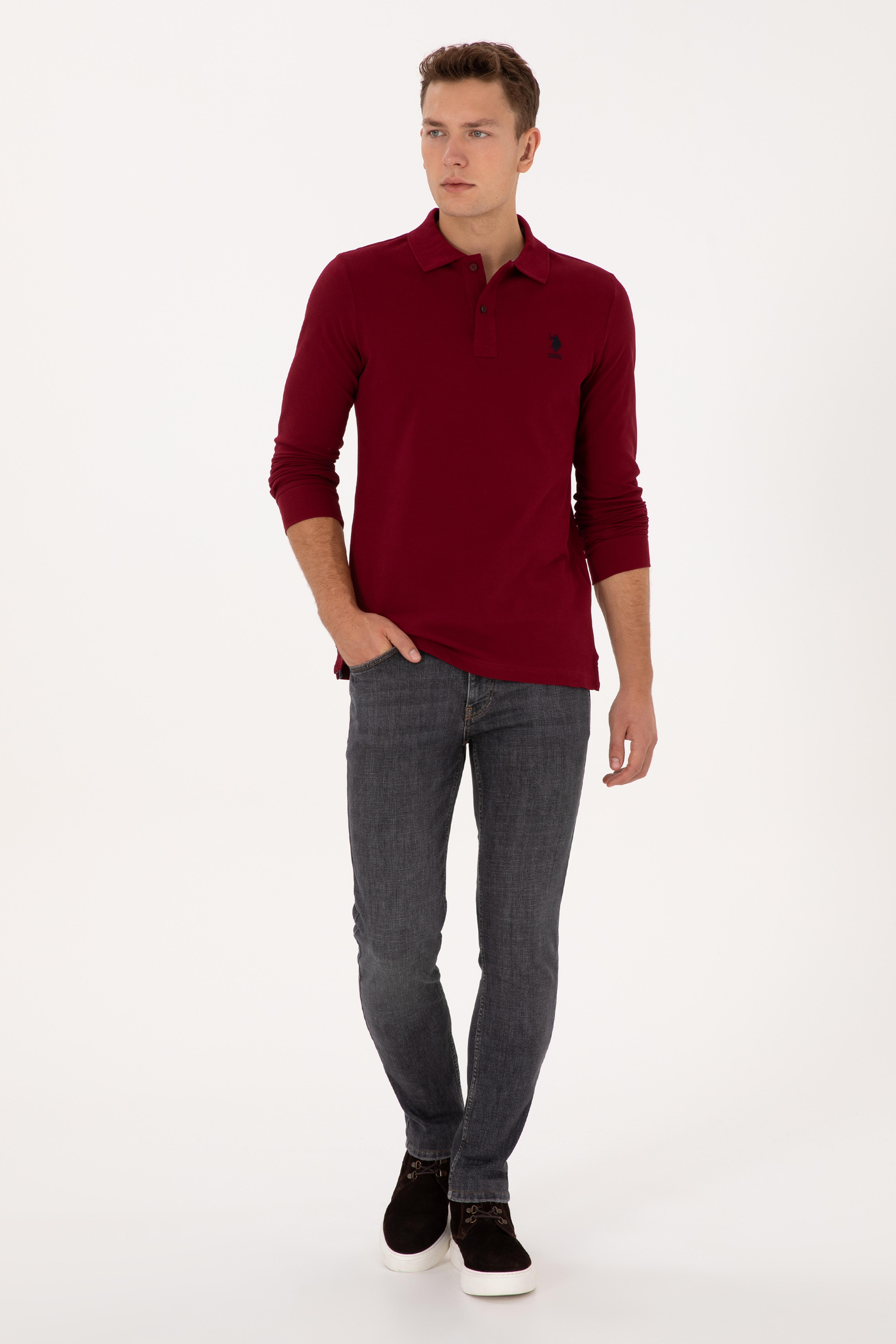 Erkek Regular Fit Polo Yaka Bordo Basic Sweatshirt - Image 4
