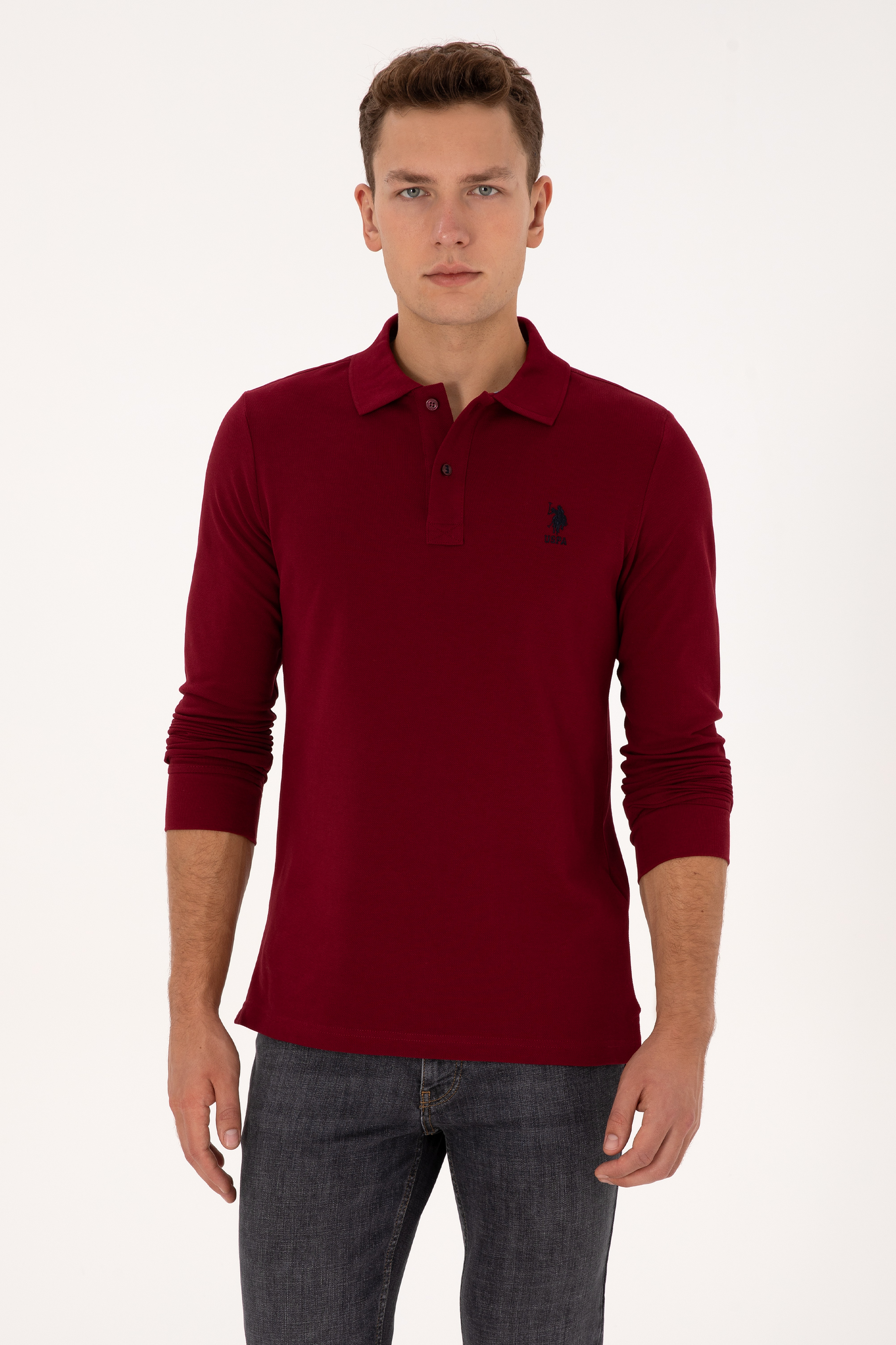 Erkek Regular Fit Polo Yaka Bordo Basic Sweatshirt
