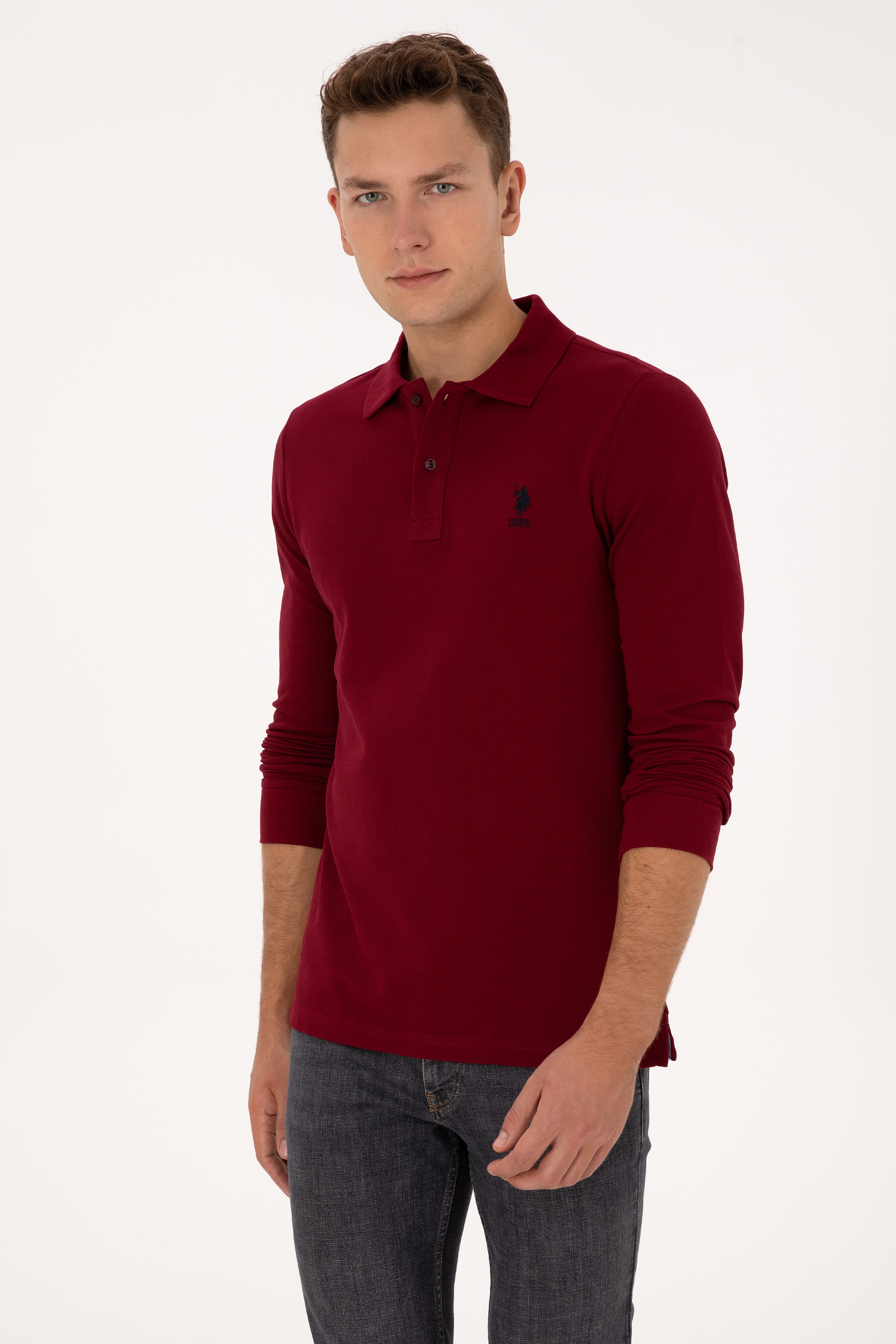 Erkek Regular Fit Polo Yaka Bordo Basic Sweatshirt - Image 1