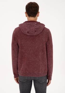 Erkek Regular Fit Kapüşonlu Yıkamalı Bordo İnce Sweatshirt - 50315493001