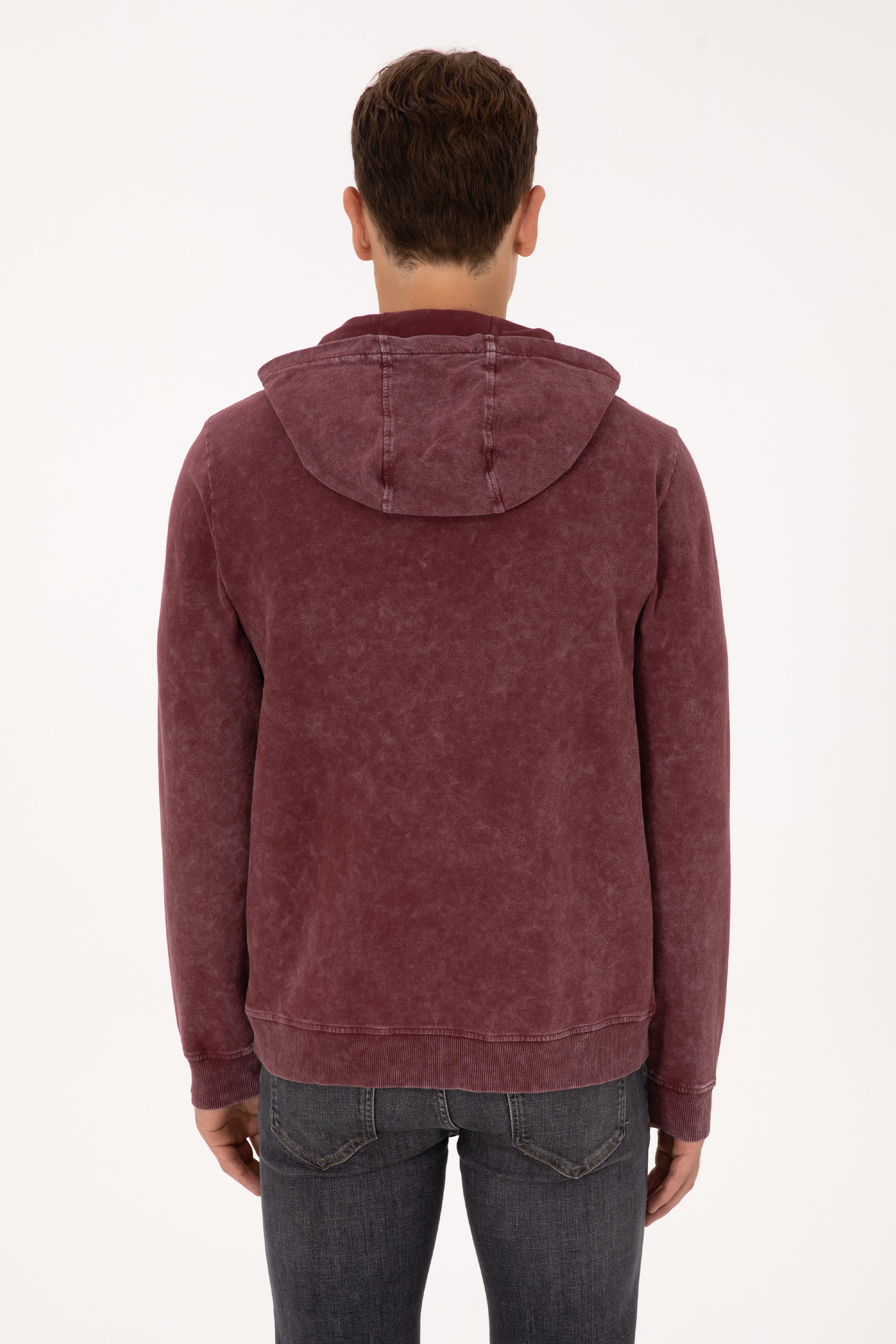 Erkek Regular Fit Kapüşonlu Yıkamalı Bordo İnce Sweatshirt