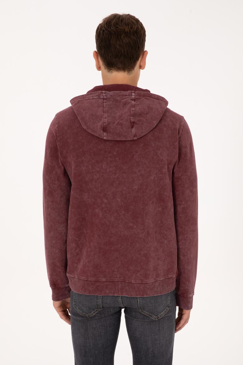 Erkek Regular Fit Kapüşonlu Yıkamalı Bordo İnce Sweatshirt - 50315493001