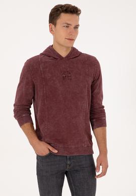 Erkek Regular Fit Kapüşonlu Yıkamalı Bordo İnce Sweatshirt - 50315493001