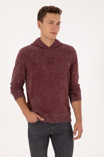 Erkek Regular Fit Kapüşonlu Yıkamalı Bordo İnce Sweatshirt