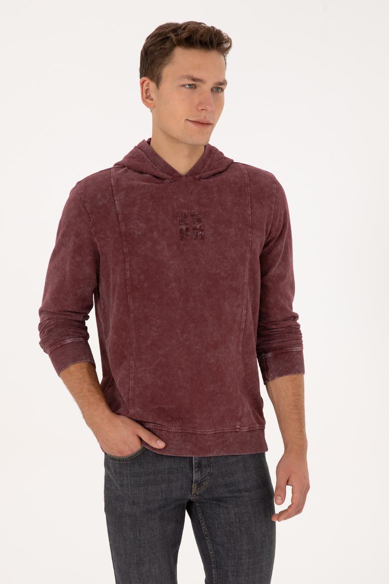 Erkek Regular Fit Kapüşonlu Yıkamalı Bordo İnce Sweatshirt - 50315493001