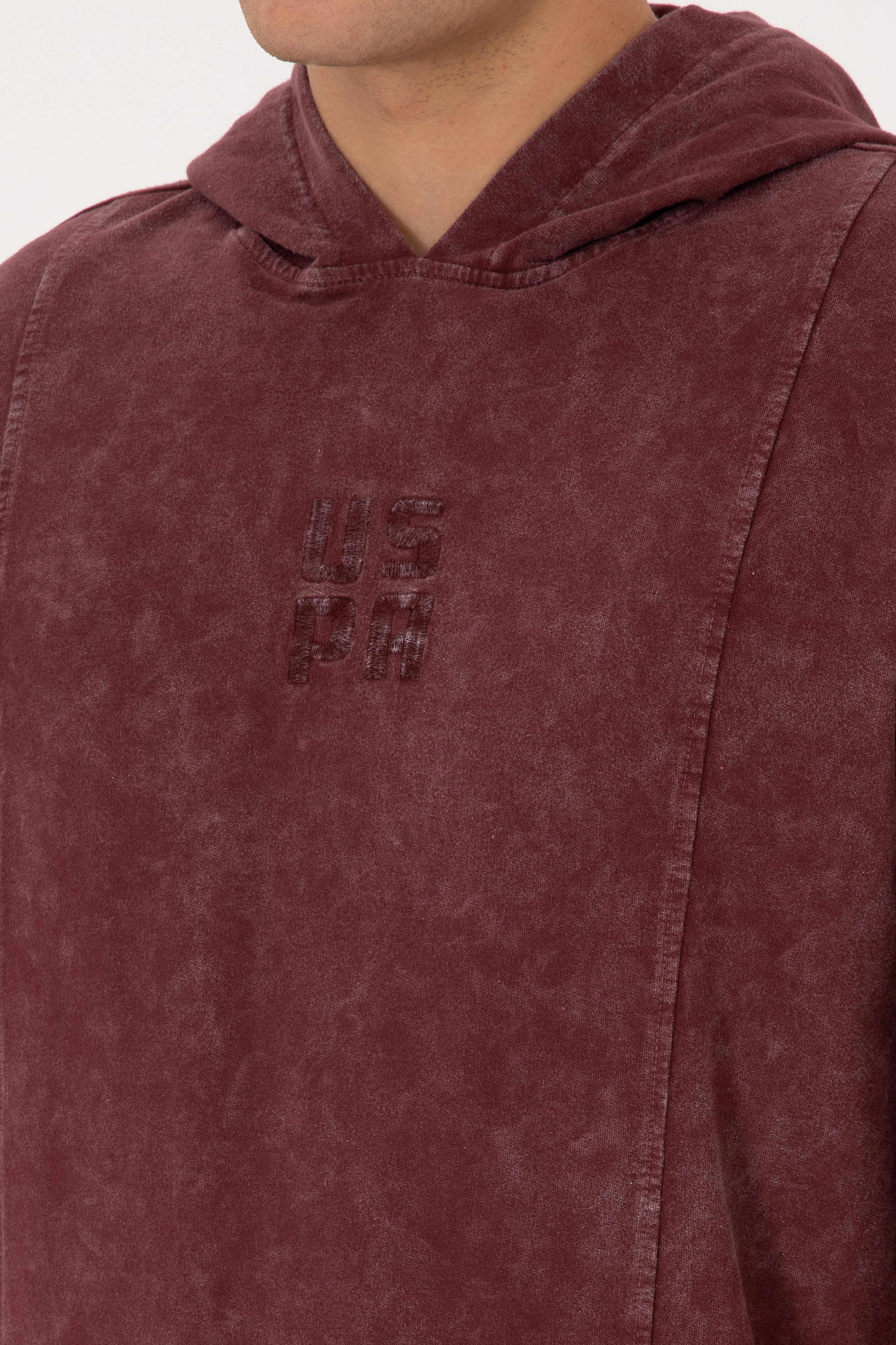 Erkek Regular Fit Kapüşonlu Yıkamalı Bordo İnce Sweatshirt - Image 7