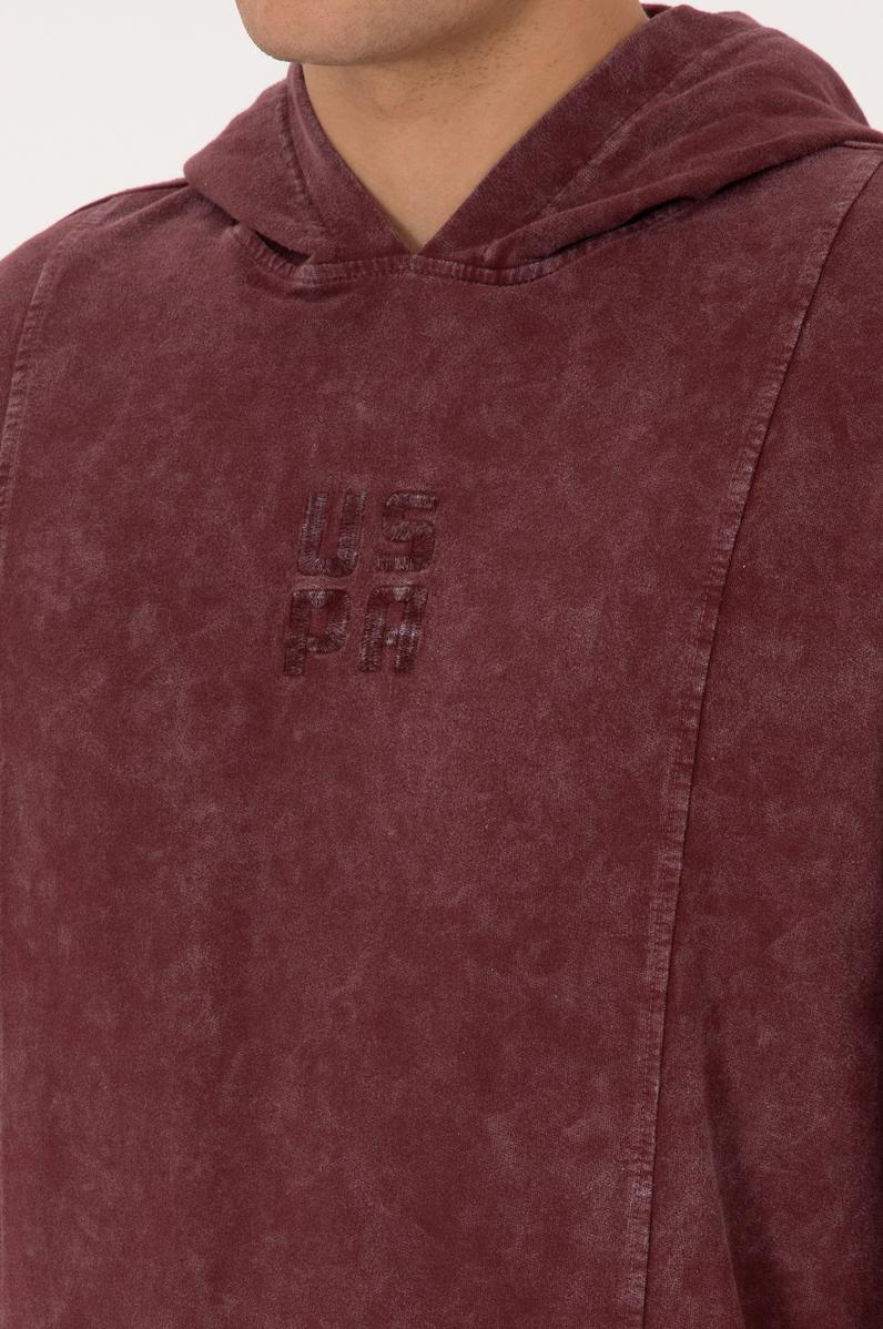 Erkek Regular Fit Kapüşonlu Yıkamalı Bordo İnce Sweatshirt