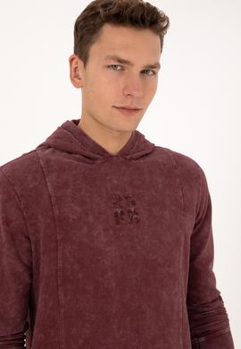 Erkek Regular Fit Kapüşonlu Yıkamalı Bordo İnce Sweatshirt - 50315493001