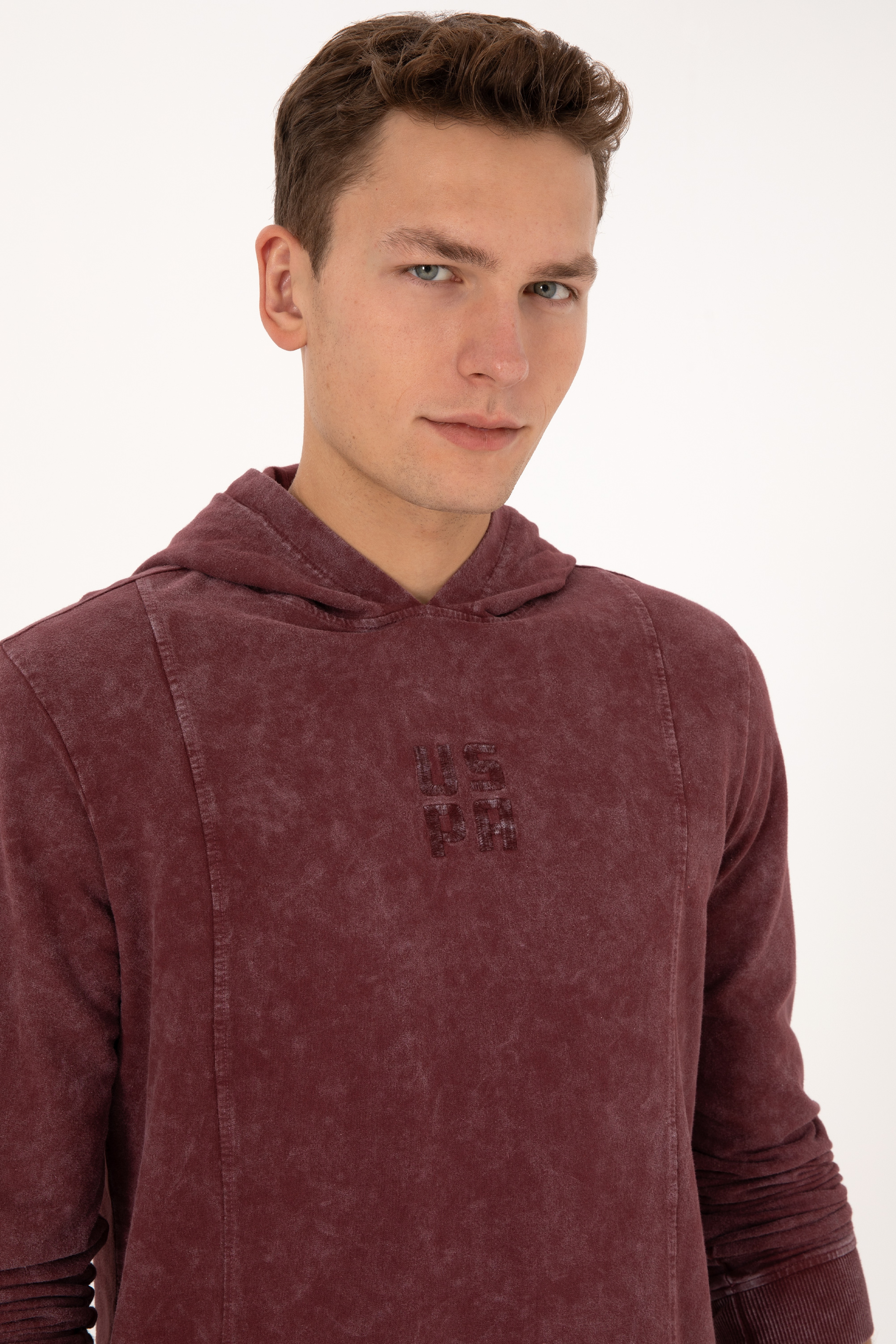 Erkek Regular Fit Kapüşonlu Yıkamalı Bordo İnce Sweatshirt - Image 2