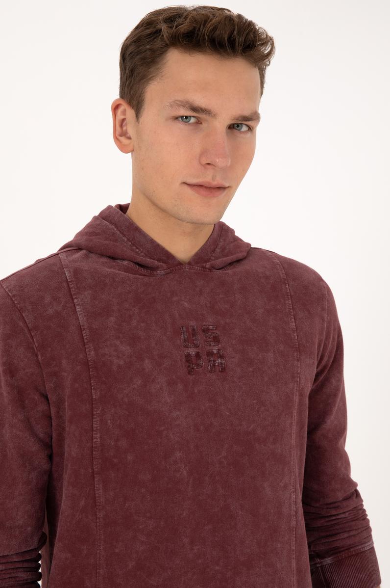 Erkek Regular Fit Kapüşonlu Yıkamalı Bordo İnce Sweatshirt