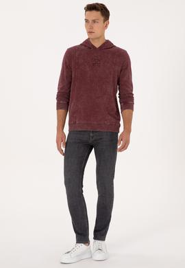 Erkek Regular Fit Kapüşonlu Yıkamalı Bordo İnce Sweatshirt - 50315493001
