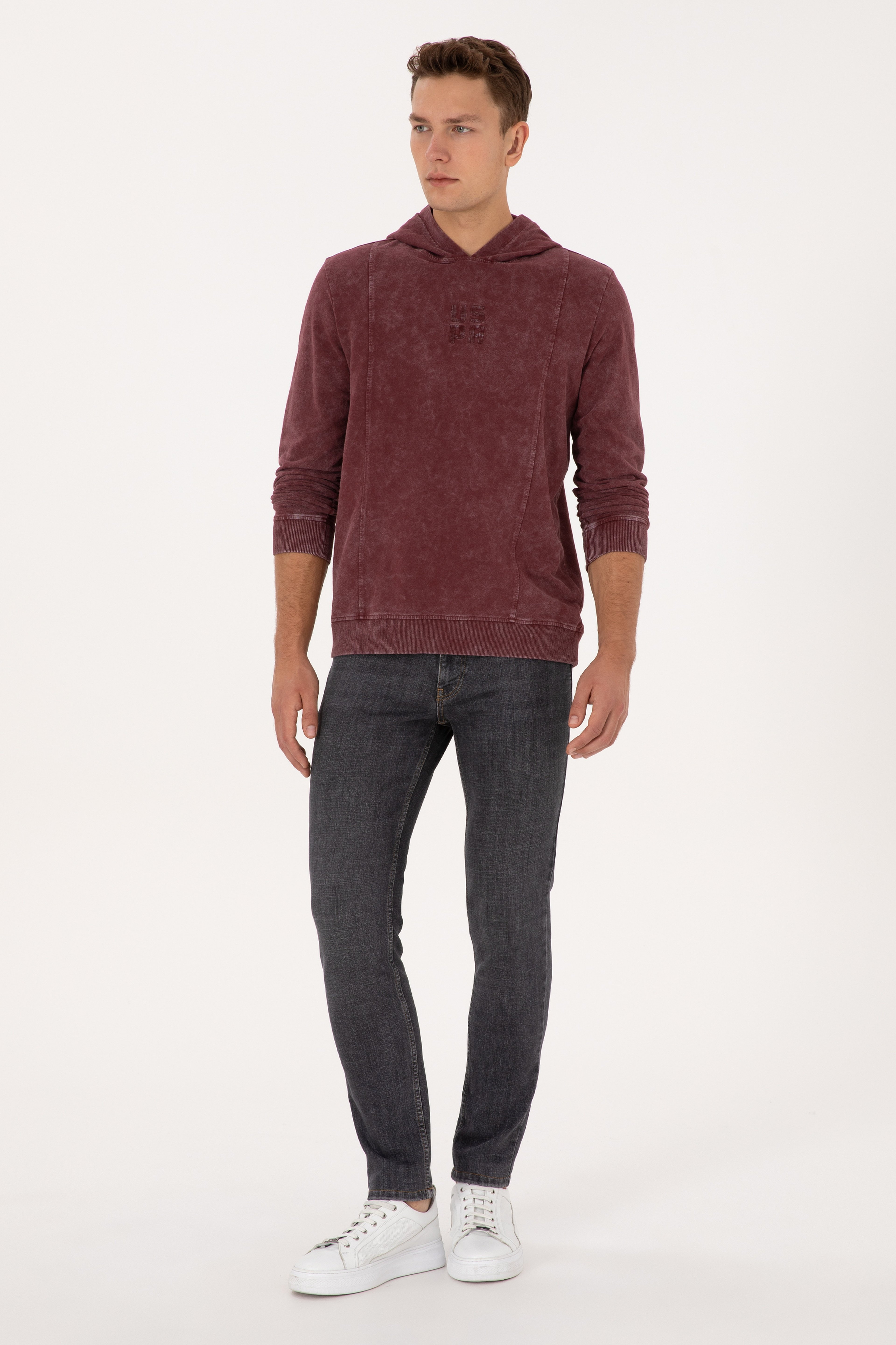 Erkek Regular Fit Kapüşonlu Yıkamalı Bordo İnce Sweatshirt