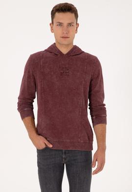 Erkek Regular Fit Kapüşonlu Yıkamalı Bordo İnce Sweatshirt - 50315493001