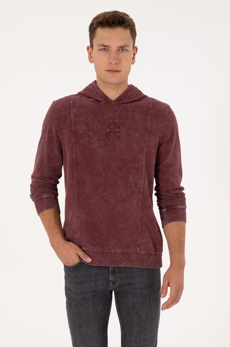 Erkek Regular Fit Kapüşonlu Yıkamalı Bordo İnce Sweatshirt