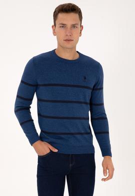 Erkek Slim Fit Bisiklet Yaka Çizgili Açık Lacivert Kazak - 50314976014