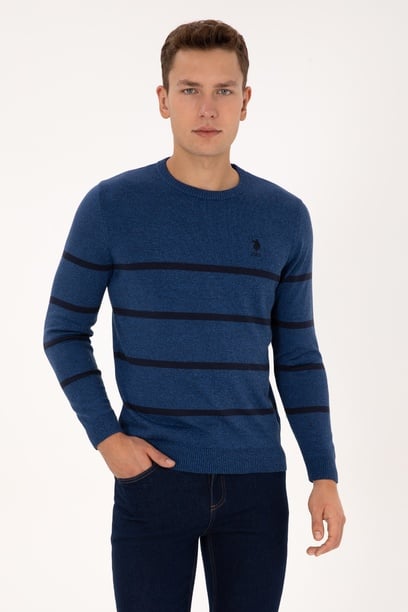 Erkek Slim Fit Bisiklet Yaka Çizgili Açık Lacivert Kazak
