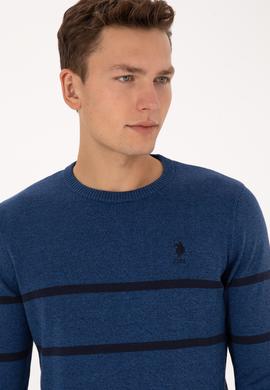 Erkek Slim Fit Bisiklet Yaka Çizgili Açık Lacivert Kazak - 50314976014