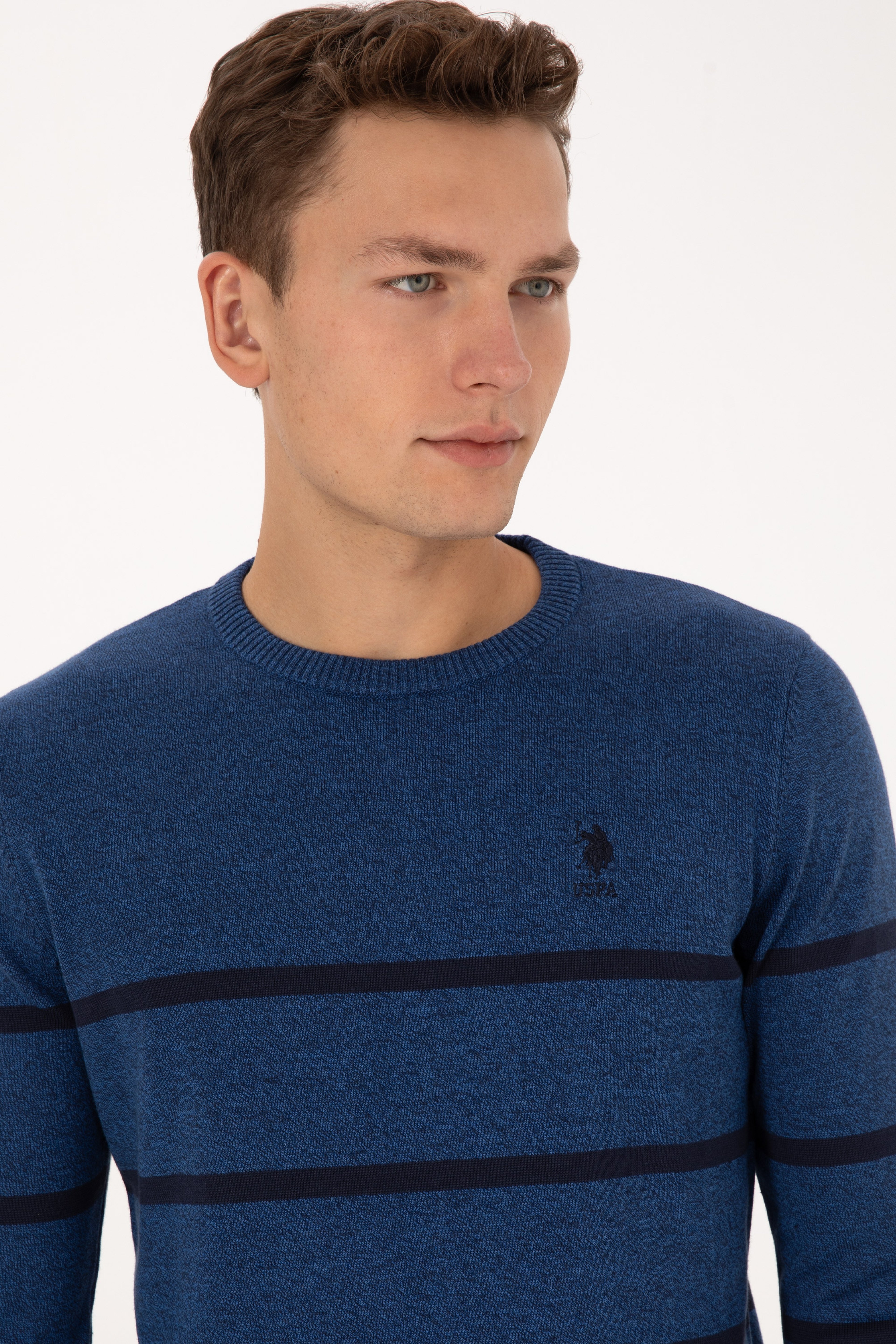 Erkek Slim Fit Bisiklet Yaka Çizgili Açık Lacivert Kazak