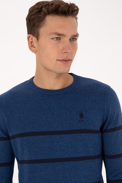 Erkek Slim Fit Bisiklet Yaka Çizgili Açık Lacivert Kazak