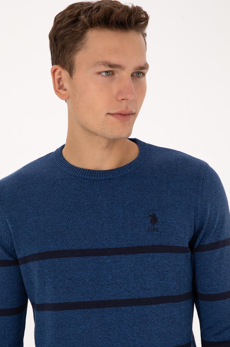 Erkek Slim Fit Bisiklet Yaka Çizgili Açık Lacivert Kazak