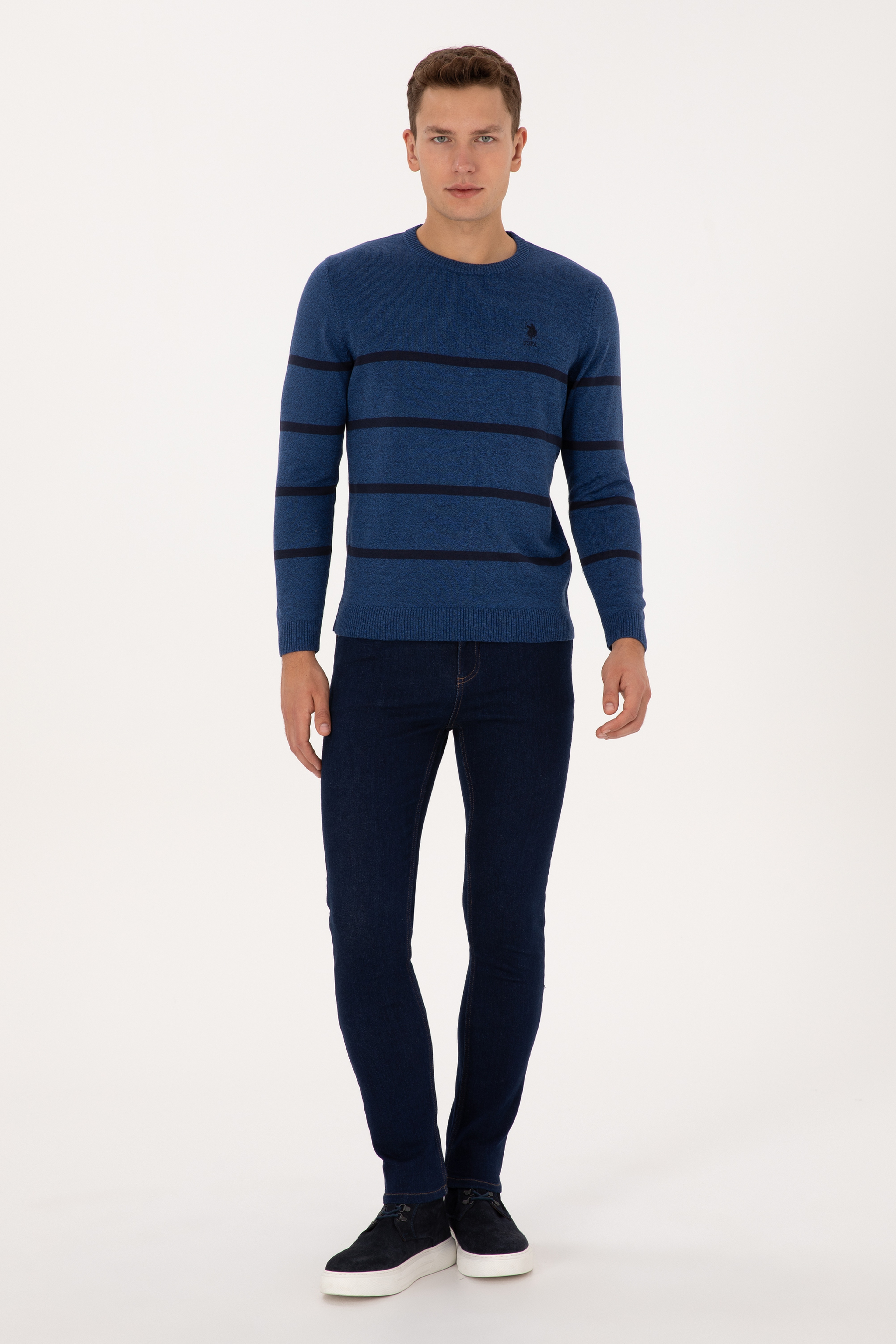 Erkek Slim Fit Bisiklet Yaka Çizgili Açık Lacivert Kazak
