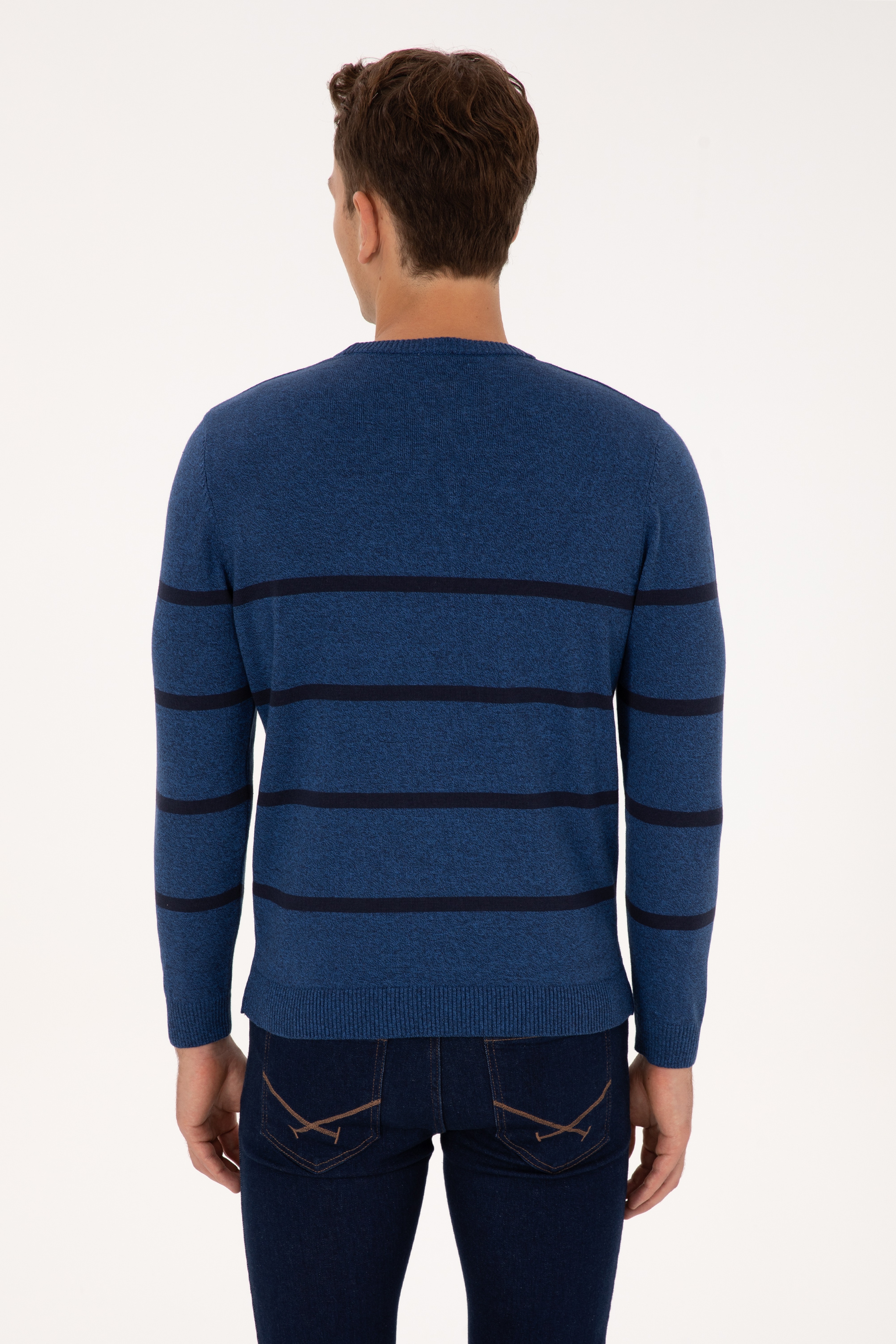 Erkek Slim Fit Bisiklet Yaka Çizgili Açık Lacivert Kazak - Image 5