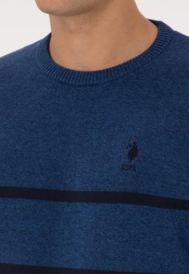 Erkek Slim Fit Bisiklet Yaka Çizgili Açık Lacivert Kazak - 50314976014